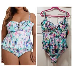 Torrid Plus Size 2 Watercolor Art Wireless One Piece Lattice Lace Up Swimsuit 2X